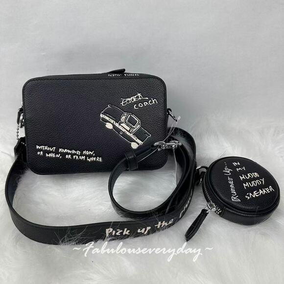 Coach Charter Crossbody Bag 19 With Sketch Print In Leather/Black + Pouch CAM96 - Picture 2 of 7